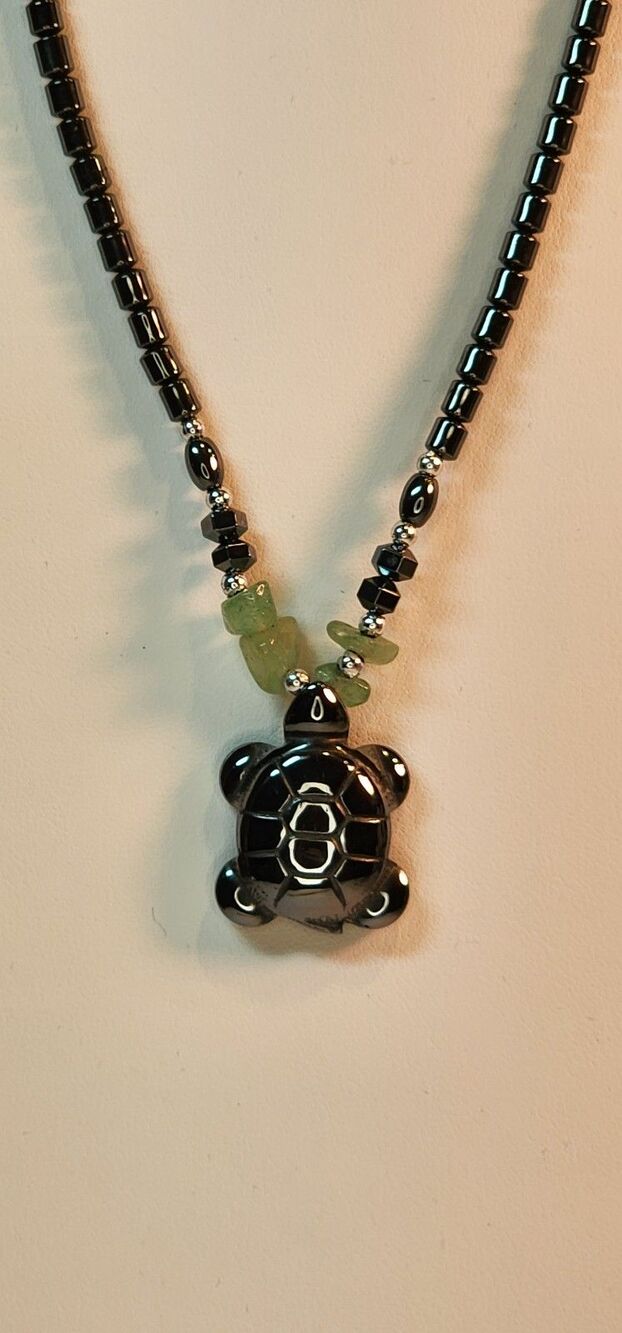 Vintage Sea Turtle Pendant Beaded Necklace Gun Metal Black Green Silver